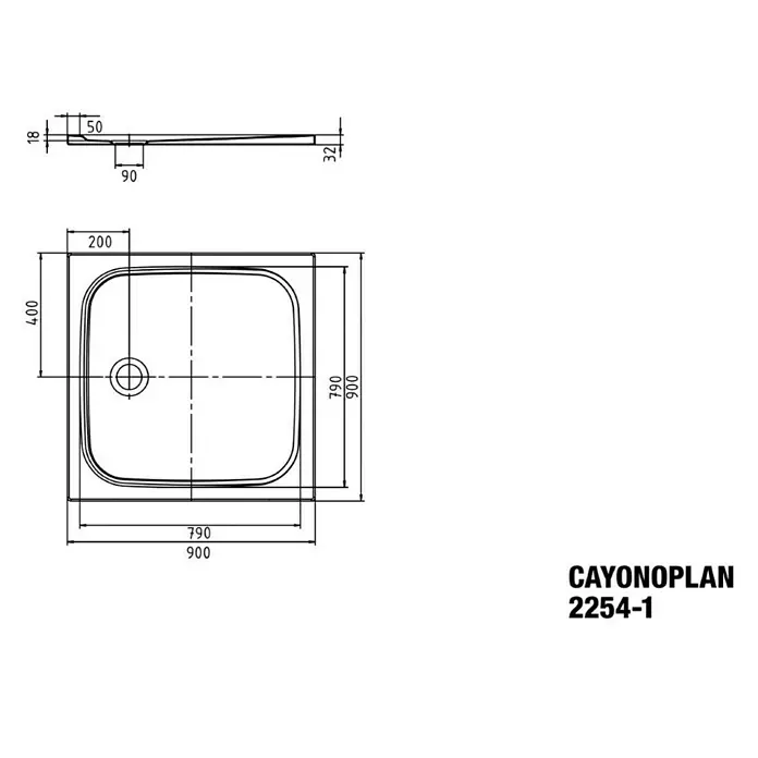 Kaldewei Duschwanne Cayonoplan 2254-1 - L x B: 90 x 90 cm, Stahl, Weiß - Technische Zeichnung einer CAYONOPLAN 2254-1 Duschwanne mit Maßangaben für Installation und Planung im Badezimmer.