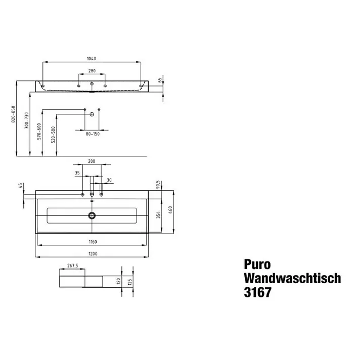 Kaldewei Waschtisch Puro - 120 x 46 cm, Mit schmutzabweisender Glasur, Anzahl Hahnlöcher: 1, Weiß - Technische Zeichnung des Puro Wandwaschtisch 3167 mit Maßangaben für Installation und Design, ideal für moderne Badezimmer.