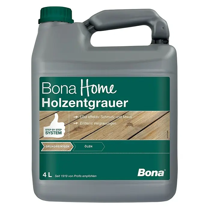 Bona Holz-Entgrauer - 4 l - Eine 4-Liter-Flasche Bona Home Holzentgrauer, ein Reinigungsmittel zur Entfernung von Schmutz und Vergrauungen von Holzoberflächen.