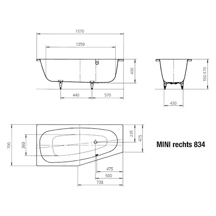 Kaldewei Raumsparbadewanne Mini 834 - 157 x 70 cm, Stahl-Email, Alpinweiß, Rechts - Technische Zeichnung der Badewanne "MINI rechts 834" mit Maßen und Ansichten zur Installation und Planung im Badezimmer.