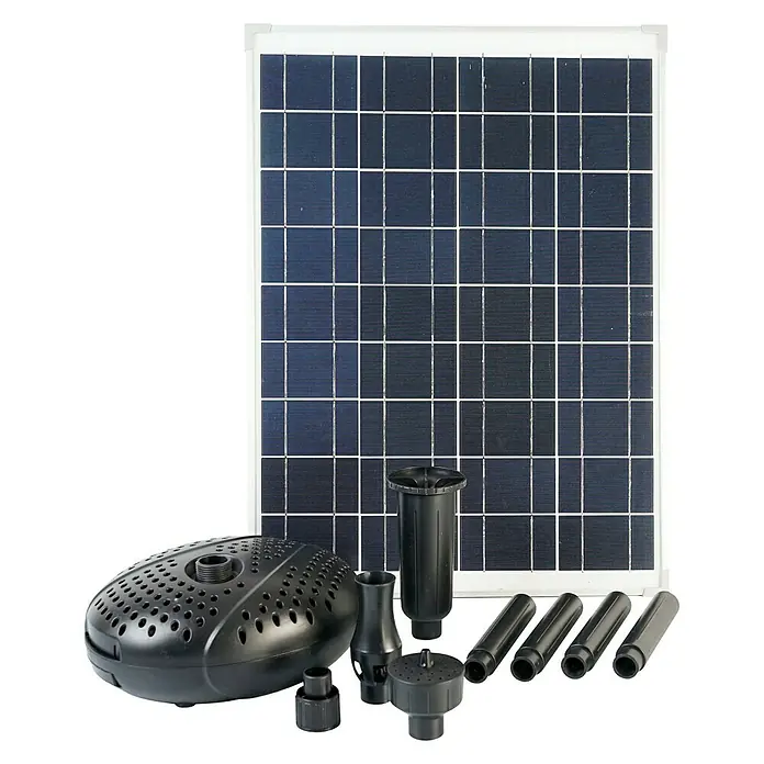 Ubbink Solar-Teichpumpen-Set 2500 - Fördermenge pro Std.: 2.480 l, 35 W - Solarbetriebene Teichpumpe mit verschiedenen Aufsätzen und Solarmodul für den Gartenteich.