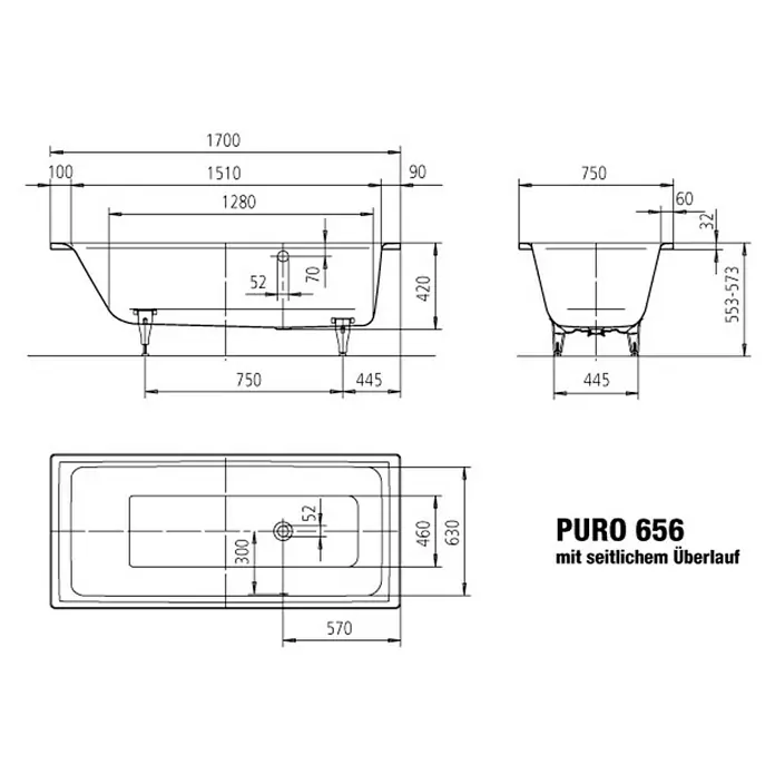 Kaldewei Badewanne Puro Star 656 - 170 x 75 cm, Stahl-Email, Alpinweiß - Technische Zeichnung einer Puro 656 Badewanne mit seitlichem Überlauf, Maße und Details dargestellt.