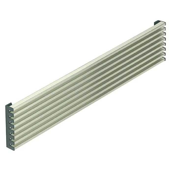 Rejilla de ventilación - Ancho: 59,8 cm, Inoxidable - Imagen de una pared de lamas beige con varias lamas horizontales sujetas por perfiles finales grises, ofreciendo un elemento estético moderno.