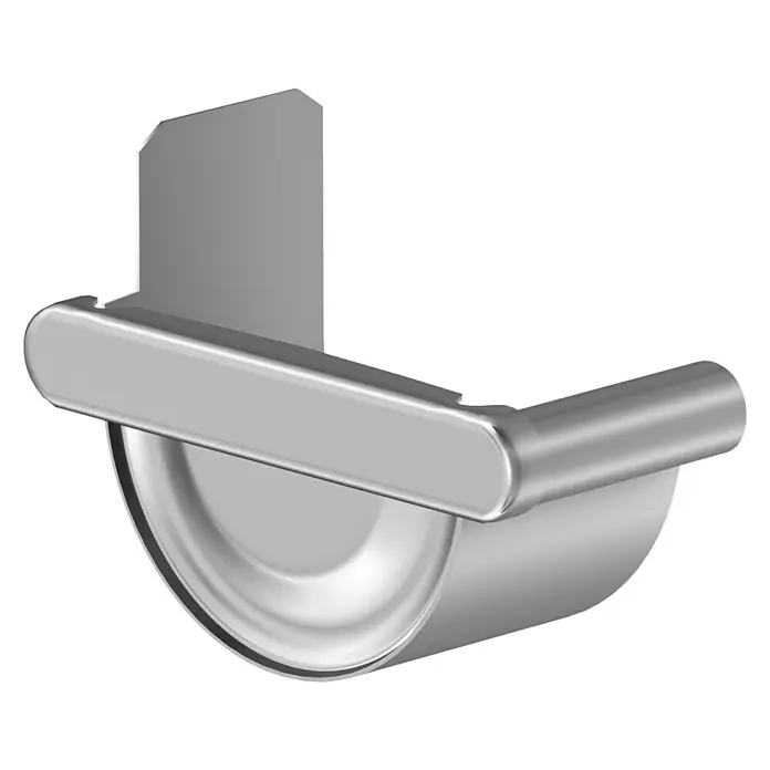Sarei Rinnenendstück - Nennweite: 80 mm, Links & Rechts, Aluminium, Rund, Silber - Eine Nahaufnahme einer eleganten, silbernen Dachrinnenhalterung, die Funktionalität und modernes Design vereint, um das Dachsystem zu ergänzen.