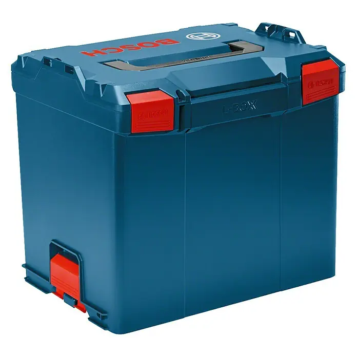 Bosch Professional Systemkoffer L-Boxx 374 - L x B x H: 357 x 442 x 389 mm, ABS - Ein robuster blauer Bosch L-Boxx Koffer, ideal für Werkzeuge und Zubehör, mit roten Verschlüssen und dem Bosch Logo.