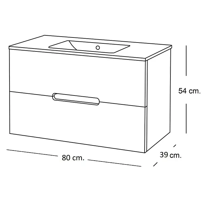 Artysan Mueble bajo de lavabo India Slim - L x An x Al: 39 x 80 x 54 cm, Blanco seda - Esquema de un mueble de baño con cajones, incluyendo las medidas de ancho, alto y profundidad.