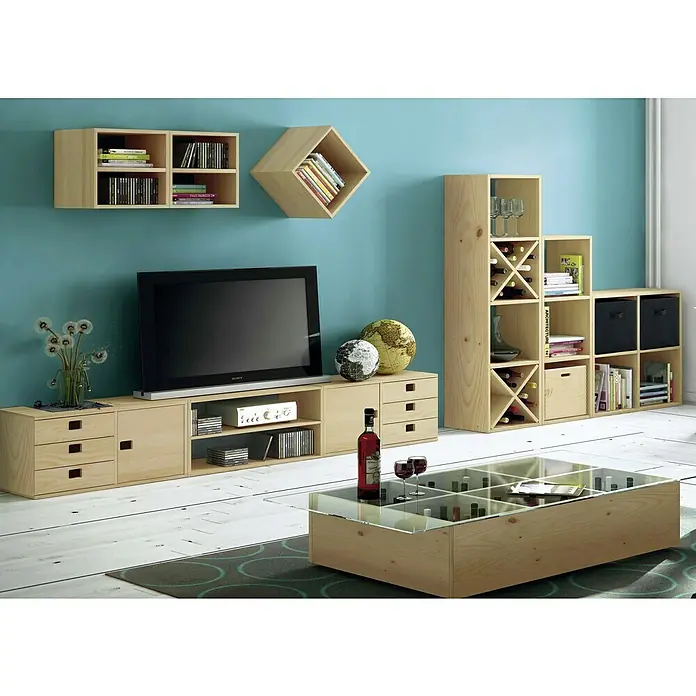 Astigarraga Dinamic Schubladenturm - 33 x 36,2 x 36,2 cm, Anzahl Schubladen: 3 Stk., Kiefernholz, Natur - Wohnzimmer mit TV-Möbeln und Regalen aus hellem Holz. Das moderne Design sorgt für ein stilvolles Ambiente.