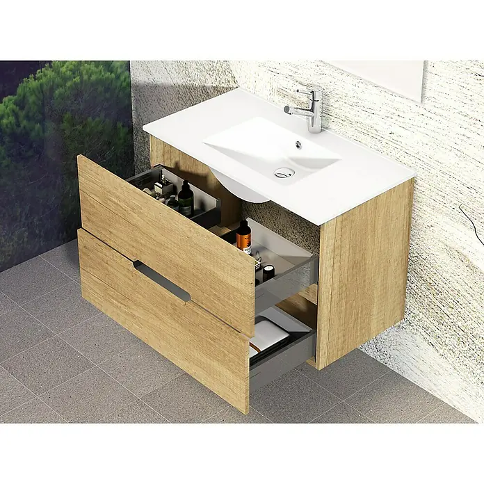 Artysan Mueble bajo de lavabo India Slim - L x An x Al: 39 x 80 x 54 cm, Nature - Moderno mueble de lavabo con dos cajones de madera y lavabo blanco para un diseño de baño elegante.