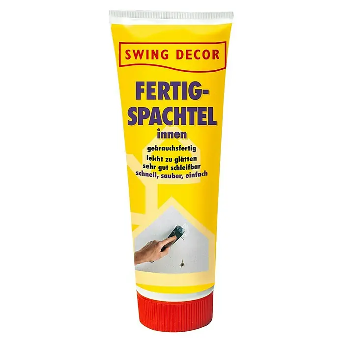 Swing Decor Fertigspachtel Innen - 400 g - Abbildung einer Tube Fertigspachtel der Marke Swing Decor, geeignet für Innenräume, mit deklarativem Werbetext und einer Anwendungsdarstellung.
