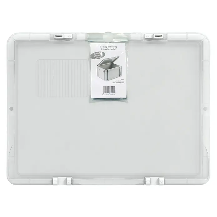 Surplus Systems Deckel - Passend für: Surplus Systems Euronormbox 60 x 40 cm, L x B: 60 x 40 cm, Kunststoff, Transparent - Eine transparente, rechteckige Kunststoffbox mit einem Anleitungsblatt für Scharnierdeckel, das oben mittig befestigt ist, präsentiert das Produkt.