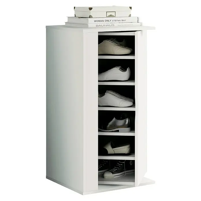Muebles Pitarch Zapatero Naia - L x An x Al: 47 x 47 x 90 cm, Blanco - Un zapatero blanco con múltiples estantes que exhiben varios zapatos, rematado con libros para una apariencia organizada y elegante.