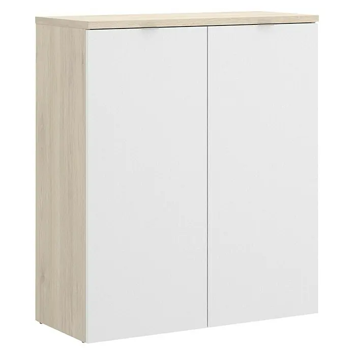 Dekit Armario multiusos de madera Rox - L x An x Al: 40 x 79 x 96 cm, Plástico, Blanco/Natural - Aparador moderno y elegante con dos puertas. La pieza exhibe un marco de madera clara con frentes blancos.