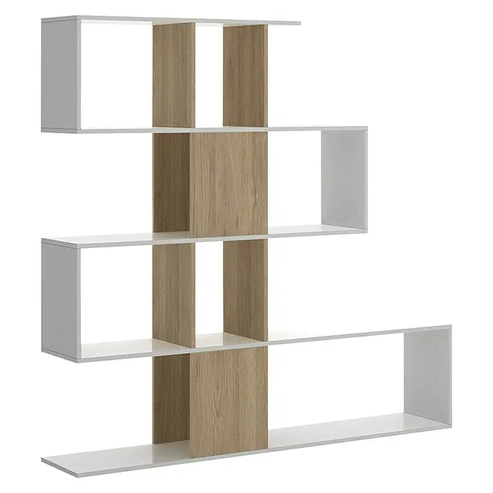 Dekit Estantería de madera Funk - Al x An x Pr: 145 x 145 x 29 cm, Número de baldas: 4 ud., Atornillado, Madera/Blanco - La imagen muestra una estantería moderna en zigzag blanca y color madera. Ofrece almacenamiento y sirve como elemento decorativo para espacios habitables.