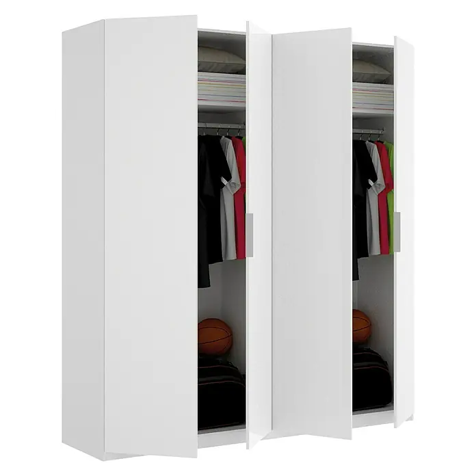 Dekit Armario para ropa Essen - L x An x Al: 52 x 180 x 204 cm, Blanco - Un amplio armario blanco con puertas parcialmente abiertas, que ofrece una vista de su contenido interior.