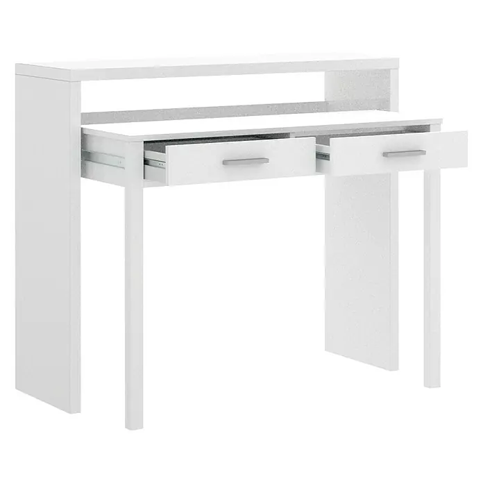 Dekit Mesa de escritorio extensible Seven - L x An x Al: 36 x 99 x 88 cm, Blanco - Consola blanca con dos cajones parcialmente abiertos y un estante.