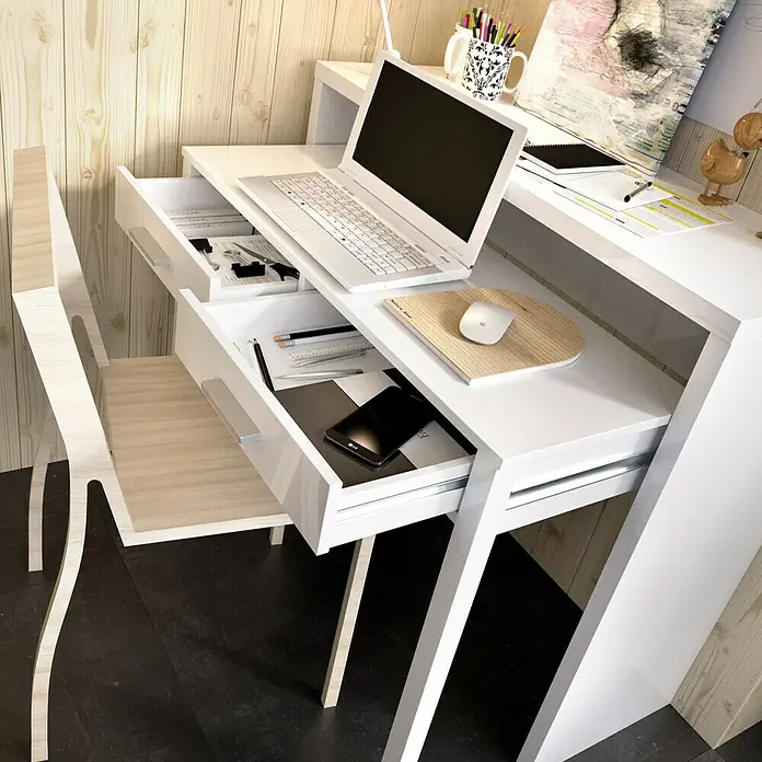 Dekit Mesa de escritorio extensible Seven - L x An x Al: 36 x 99 x 88 cm, Blanco - Escritorio moderno con portátil, alfombrilla de ratón y cajones abiertos que revelan material de oficina.