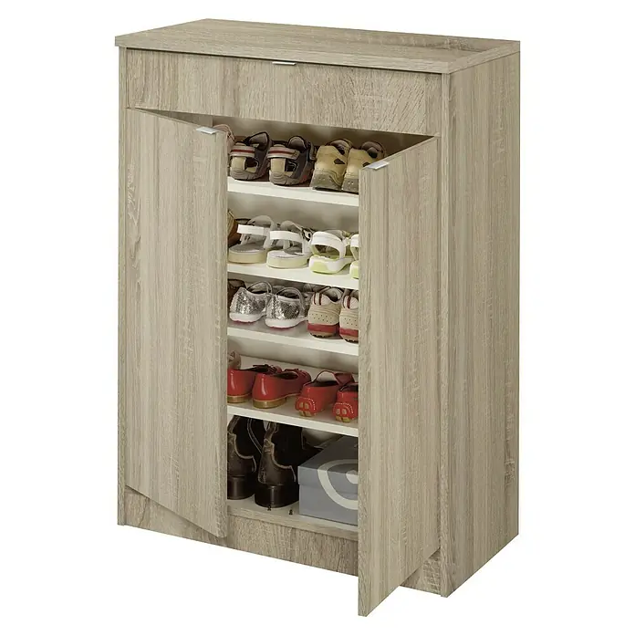 Muebles Pitarch Zapatero Berlín - L x An x Al: 37 x 74 x 101 cm, Roble cambrian - Zapatero de madera con múltiples estantes y puertas abiertas, lleno de varios zapatos.