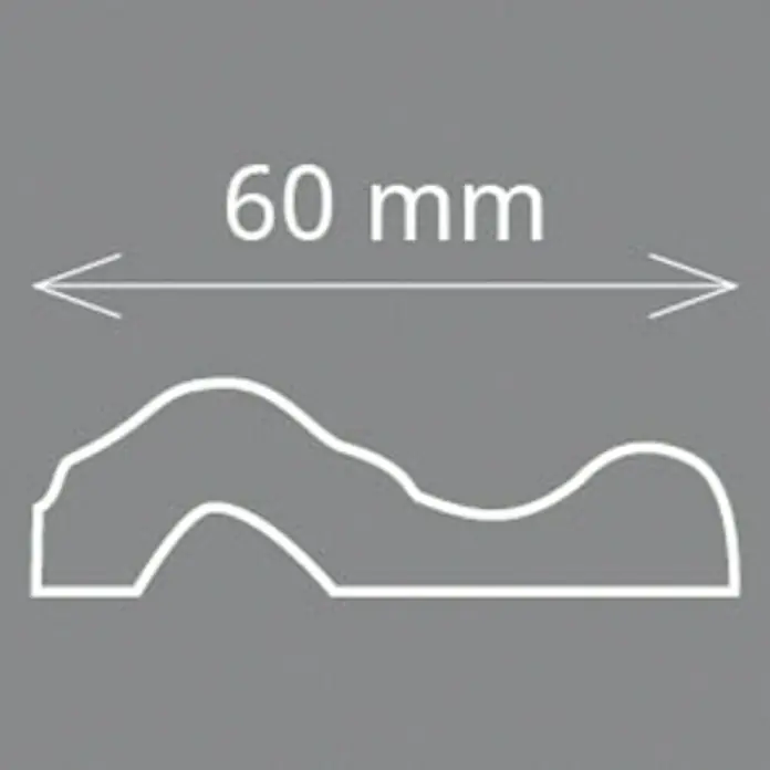 Zierprofil Modern I 60 - 200 x 6 x 2,5 cm, Extrudiertes Polystyrol (XPS) - Abbildung des Profils einer Zierleiste mit einer Breite von 60 mm für Bau- oder Renovierungsprojekte.