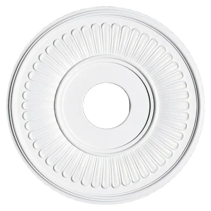 Rosette Silva - Durchmesser: 37 cm, Polystyrol, Modern, Weiß - Eine weiße, runde Deckenrosette mit dekorativen Verzierungen und einem zentralen Loch.