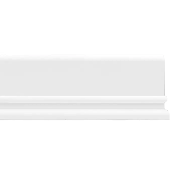Fußleiste CF 13 - 200 x 2 x 12,8 cm, Extrudiertes HD-Polymer - Ein detailliertes Bild von einer weißen Fußleiste mit einem eleganten Profil vor einem schwarzen Hintergrund.