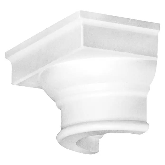 Dekoelement Halbsäule Kapitell IG/H - 16,2 x 18,5 cm, Expandiertes Polystyrol (EPS) - Nahaufnahme einer weißen Kapitell-Dekoration mit detaillierten Verzierungen, die ein architektonisches Element für Innenräume darstellt.