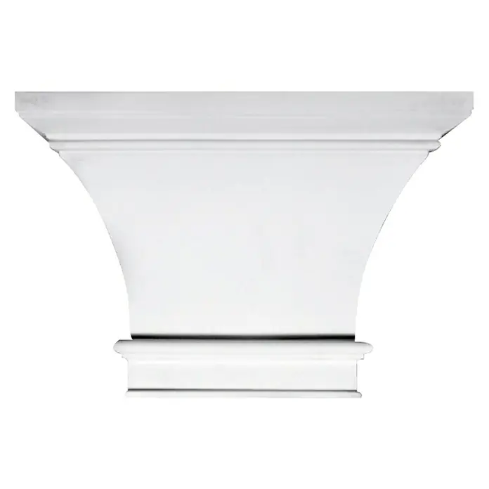 Wandelement Pilaster-Kopf HKP 15 G - 32,2 x 22 x 9,5 cm, Expandiertes Polystyrol (EPS) - Das Bild zeigt ein weißes Kapitell einer Säule mit einer eleganten, nach unten geschwungenen Form, ideal für architektonische Dekorationen.