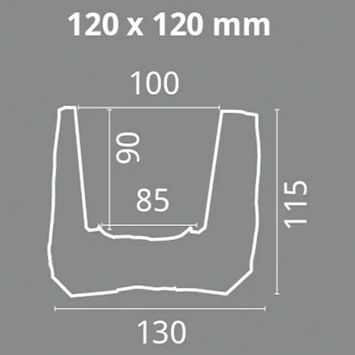 Dekobalken - Dunkelbraun, 200 x 13 x 11,5 cm, Polyurethan - Abbildung einer 120 x 120 mm großen Pflanzpalette mit den Maßen 100 mm Breite oben, 130 mm Breite unten, 115 mm Höhe und einer inneren Tiefe von 90 mm.