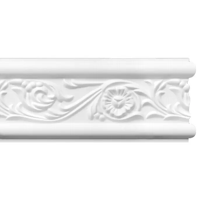 Zierprofil Prestige Hella - 200 x 1,5 x 8 cm, Expandiertes Polystyrol (EPS) - Weißes Zierleiste mit kunstvollem Blumen- und Rankenreliefmuster.