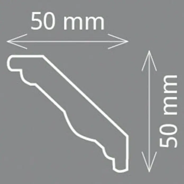 Zierprofil Prestige Ines - 200 x 5 x 5 cm, Expandiertes Polystyrol (EPS) - Abbildung eines Zierprofils mit den Maßen 50 mm x 50 mm, ideal für die Gestaltung von Innenräumen und die Akzentuierung von Wand- und Deckenverbindungen.