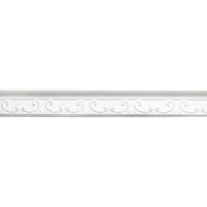 Zierprofil Prestige Isabell - 200 x 8 x 13 cm, Expandiertes Polystyrol (EPS) - Detailaufnahme einer weißen Zierleiste mit floralen Mustern, ideal für die Gestaltung von Innenräumen.