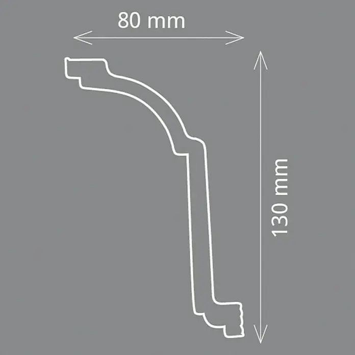 Zierprofil Prestige Isabell - 200 x 8 x 13 cm, Expandiertes Polystyrol (EPS) - Profilskizze eines Zierelements mit Maßen 80 mm Breite und 130 mm Höhe, ideal für detaillierte Designvisualisierungen.
