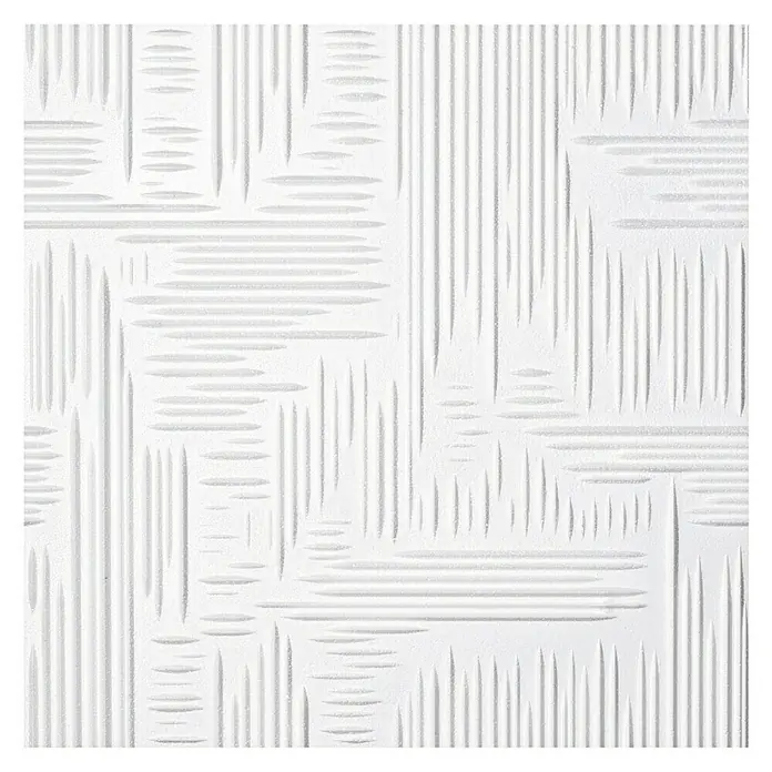 Deckenplatte Norma - 50 x 50 cm, Weiß, 2 m², Polystyrol - Nahaufnahme einer weißen strukturierten Deckenplatte mit einem Muster aus vertikalen und horizontalen Linien.