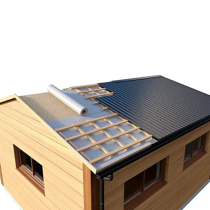Metdach Dachblech Schwallblech200 x 90,5 x 0,4 cm, Rot - Dachkonstruktion eines Holzhauses mit verschiedenen Schichten, inklusive Dämmung und Metalldach. Die Konstruktion ist detailliert dargestellt.