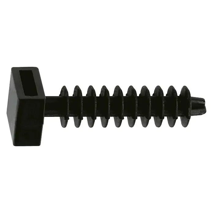 Index Taco para material aislante para bridas - Plástico, Negro, M6 - Remache de plástico negro con cabeza rectangular y vástago acanalado para una fijación segura.