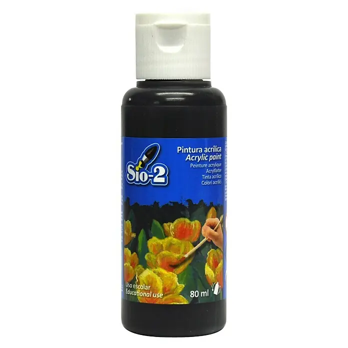 Pintura acrílica Sio-2 - Negro, 80 ml - Imagen de una botella de pintura acrílica Sio-2, perfecta para uso educativo y artistas aficionados. Pintura negra en botella de 80 ml.