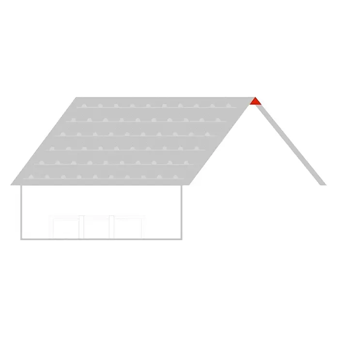 Metdach Firstkappe - Rot, Länge: 28 cm, Stahl - Illustration eines Hauses mit grauem Ziegeldach und rotem Dachfirst, das ein typisches Wohngebäude darstellt.