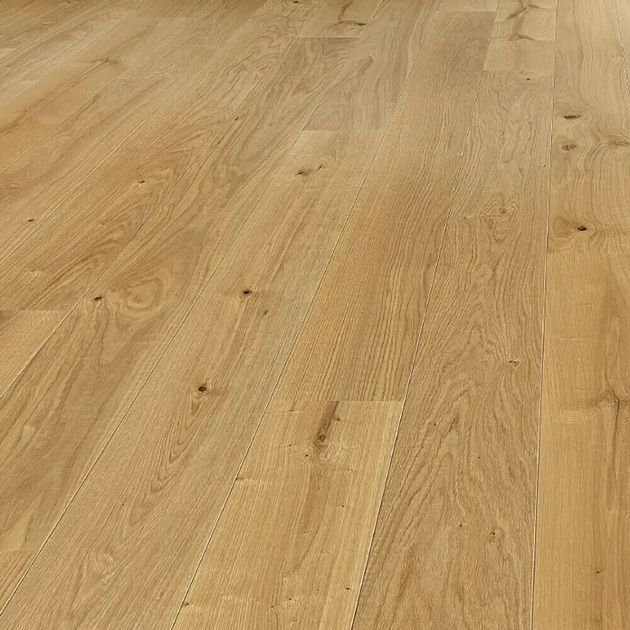 Living by Haro Parkettmuster Eiche strukturiert Naturöl290 x 180 x 12 mm, Landhausdiele - Nahaufnahme von hellem Eichenparkettboden mit natürlicher Maserung und Astlöchern, ideal für moderne Innenräume.
