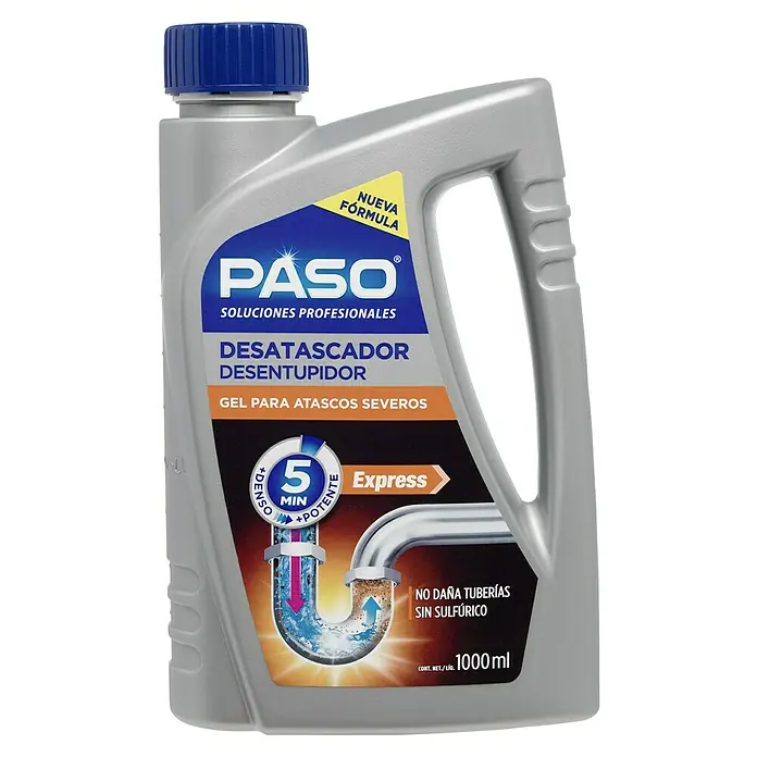 Limpiador específico Desatascador - 1.000 ml, Botella - Imagen de una botella de gel desatascador PASO, una solución profesional para eliminar atascos severos, con una nueva fórmula.