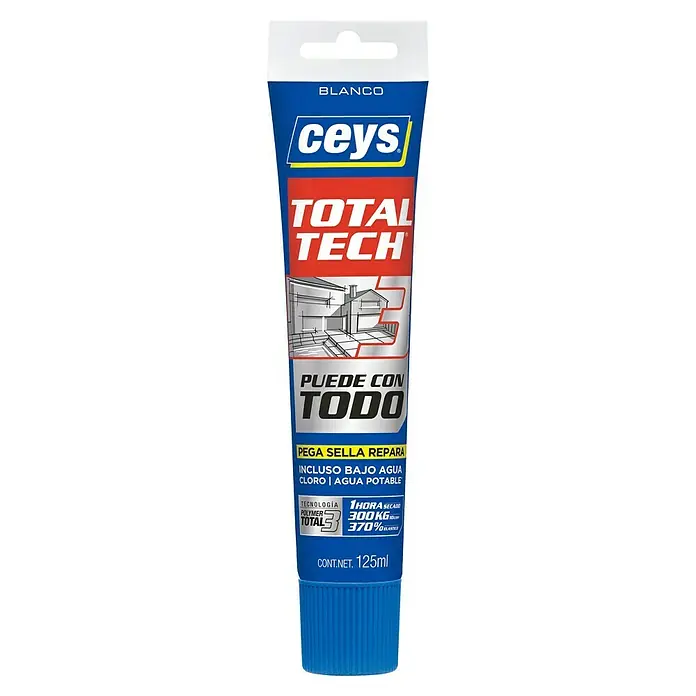 Ceys Adhesivo y sellador Total-Tech - Blanco, 125 ml - Imagen de un tubo de adhesivo Ceys Total Tech, un producto versátil para pegar, sellar y reparar diversos materiales.