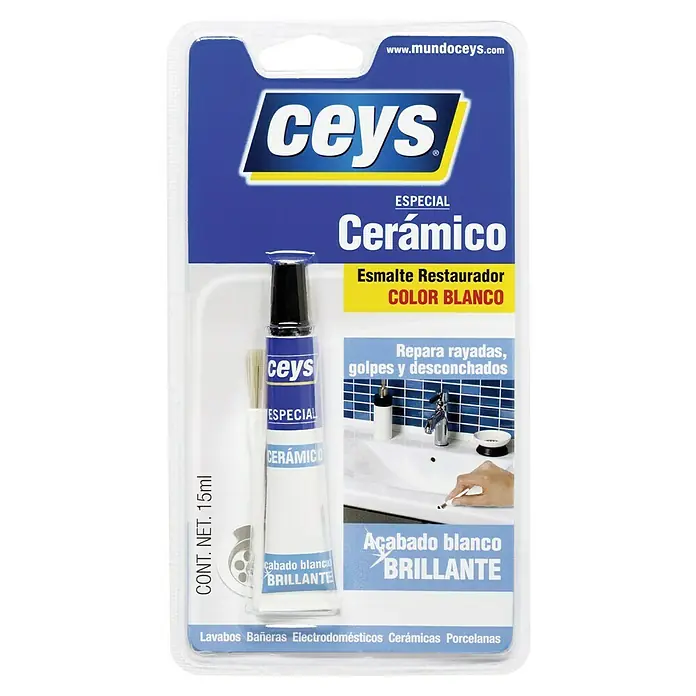 Ceys Adhesivo especial Cerámico - Blanco, 16 ml - Imagen del producto de un kit de reparación de cerámica Ceys, ideal para arreglar rayones y desconchones en lavabos, bañeras y cerámicas.