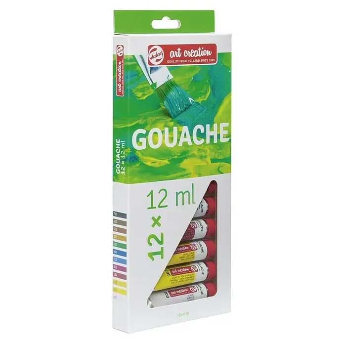 Talens Art Creation Pintura gouache Set - Multicolor, 12 ml, 12 ud., Tubo - Un paquete de pintura gouache "Talens Art Creation" con 12 tubos de 12 ml cada uno, ideal para artistas y aficionados.