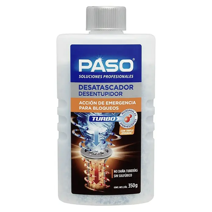 Paso Desatascador Turbo - 350 g - Desatascador PASO: Solución profesional para quitar bloqueos con efecto turbo, protege las tuberías y sin sulfatos.