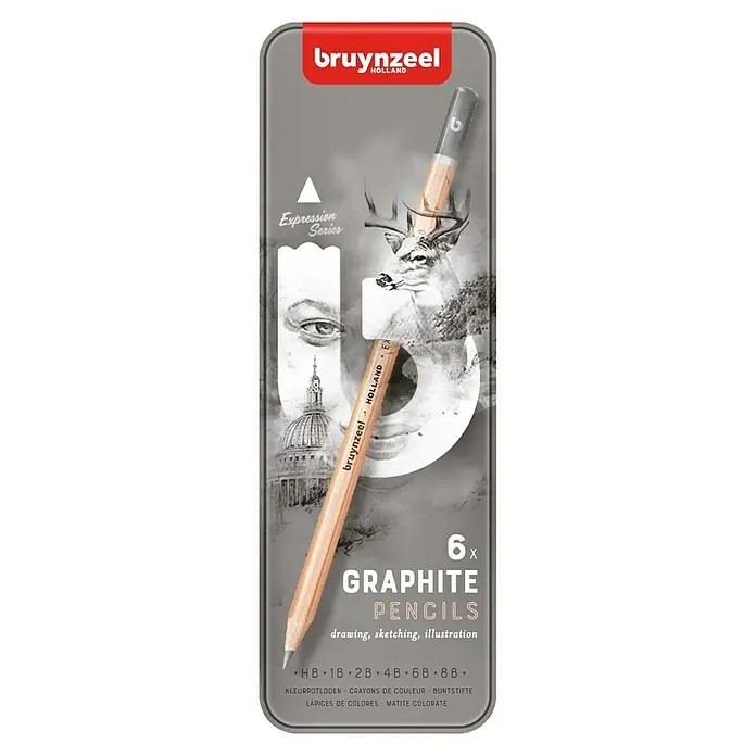 Talens Bruynzeel Set de lápices de grafito Expression - 6 pzs., Gris - Un paquete de lápices de grafito Bruynzeel Expression Series (6 unidades) para dibujar, esbozar e ilustrar.