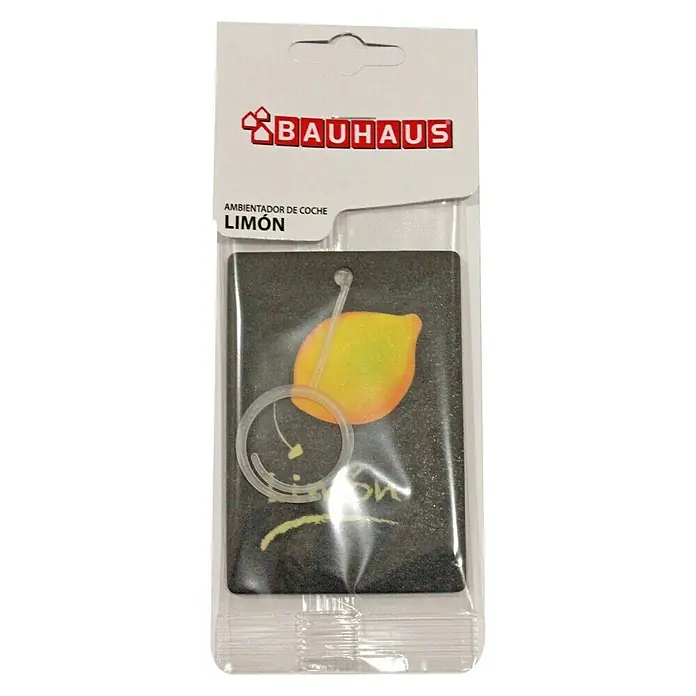 BAUHAUS Ambientador de coche - Limón - Un ambientador de coche Bauhaus con aroma de limón aún en su embalaje, con un motivo de limón en el ambientador.