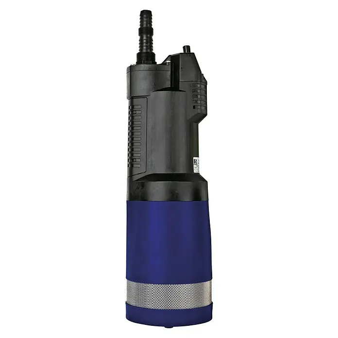 Aqua-King Entnahme-Set - Länge: 120 cm, Passend für: Aqua-King Regenwassertanks mit DN 600 - Das Bild zeigt eine Tauchpumpe mit einem blauen Gehäuse und einem schwarzen Pumpenkopf. Die Pumpe ist für den Einsatz in Wasser vorgesehen.