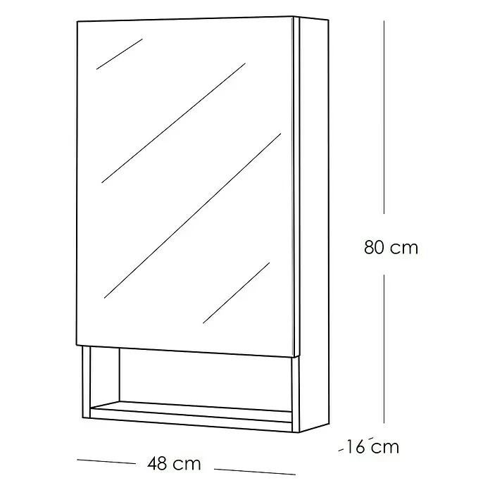 Artysan Armario con espejo Abi 1P - An x Al: 48 x 80 cm, Plástico, Blanco - Ilustración de un armario de baño con espejo y estante, de 80 cm de alto, 48 cm de ancho y 16 cm de profundidad.