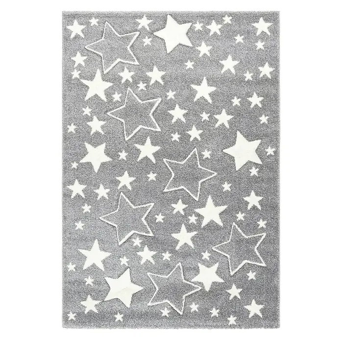 Kayoom Kinderteppich Sterne - Silber, 170 x 120 cm, 100 % Polypropylen - Grauer Teppich mit Sternenmuster, ideal für Kinderzimmer. Flauschiger Teppich mit weißen Sternen und Umrandungen für ein gemütliches Ambiente.