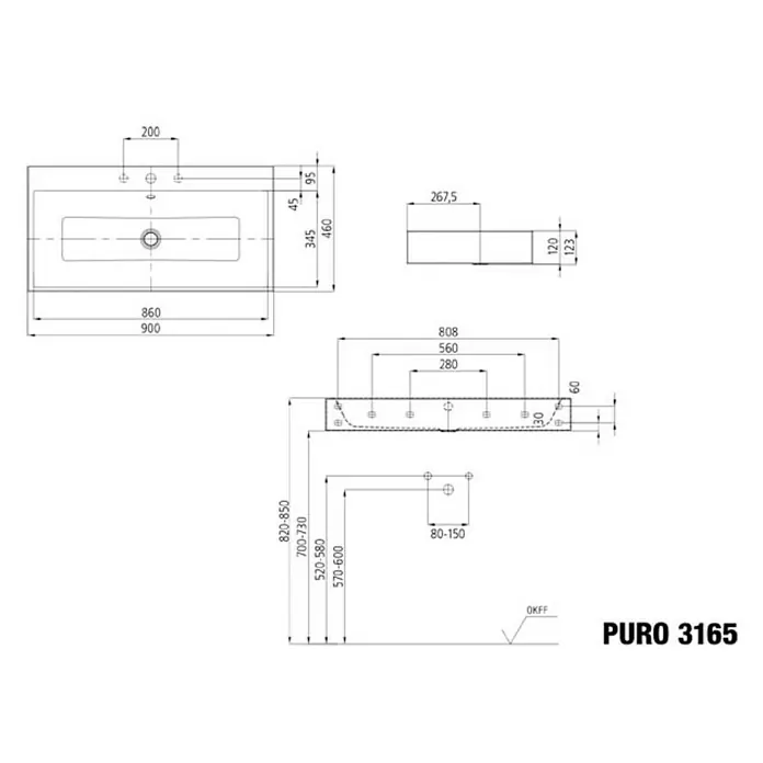 Kaldewei Waschtisch Puro - 90 x 46 cm, Mit schmutzabweisender Glasur, Hahnloch: Mitte, Mit Überlauf, Weiß - Abbildung des Puro 3165 Waschtischs mit genauen Maßangaben für Installation und Design.
