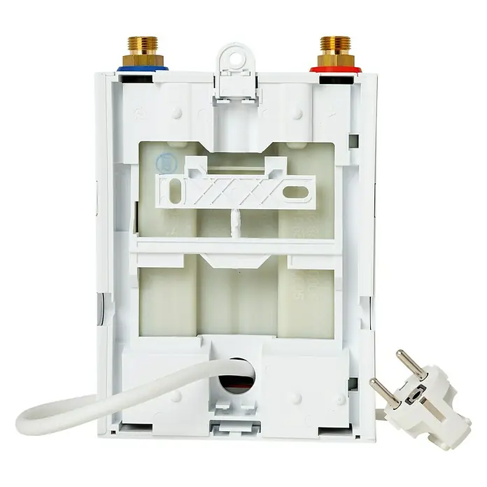 Bosch Kleindurchlauferhitzer Tronic Comfort - 3,6 kW, 1,8 l/min - Innenansicht eines weißen Unterputz-Spülkastens mit Stromkabel, Wasseranschlüssen und Montagevorrichtungen.
