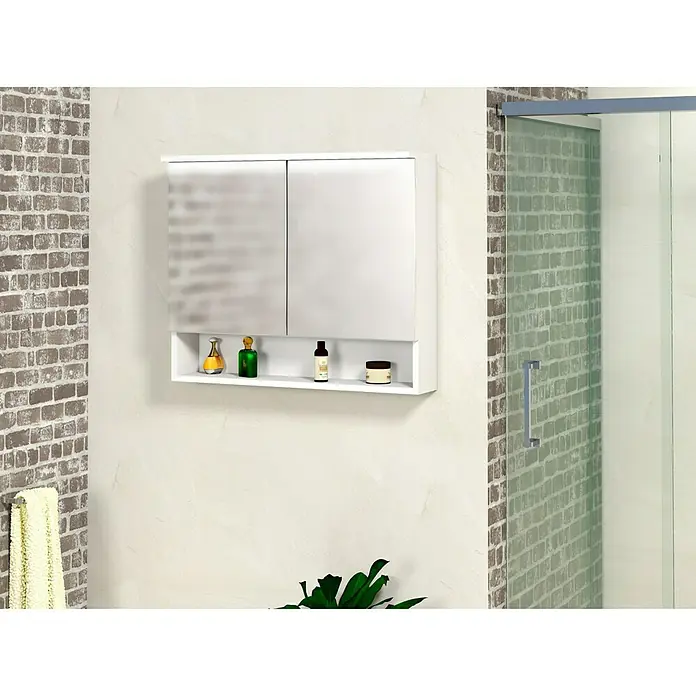 Artysan Armario con espejo LED Abi 2P - An x Al: 80 x 65 cm, Plástico, Blanco - Un elegante armario con espejo blanco con estante para artículos esenciales de baño, que combina funcionalidad y diseño.